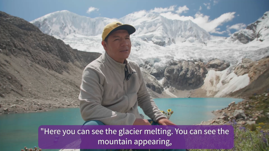 Screenshot from an interview with Saúl Luciano Lliuya sitting in front of the lagoon Palcacocha